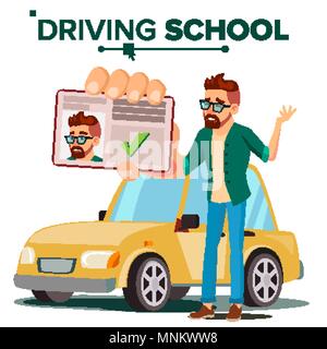 Man In Driving School Vector. Training Car. Successful Pass Exam. Learning To Drive. Driving License. Isolated Flat Illustration Stock Vector