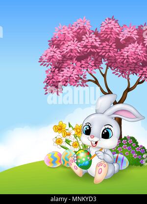 Cute Easter Bunny painting an egg Stock Vector