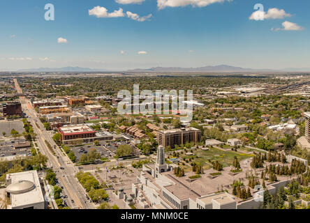 View of downtown Salt Lake City, the lake, airport, Conference Center, and Interstate 80, Utah, USA. Stock Photo