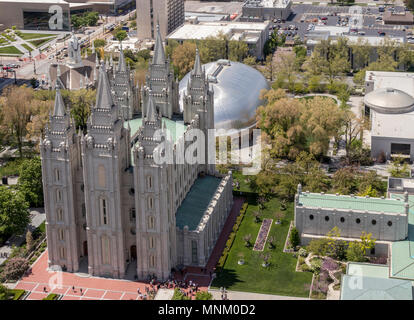 Aerial view of Temple Square, Salt Lake Temple and Tabernacle. Church of Jesus Christ of Latter-day Saints, Salt Lake City, Utah, USA. Stock Photo