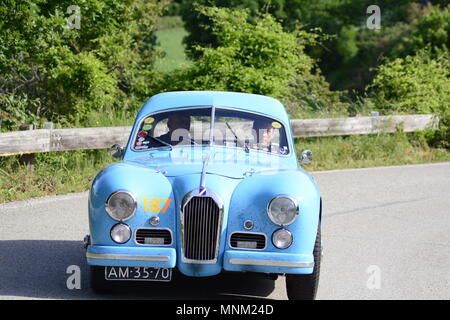 PESARO COLLE SAN BARTOLO , ITALY - MAY 17 - 2018 : TALBOT-LAGO T 26 GS BERLINETTE1950 on an old racing car in rally Mille Miglia 2018 the famous ital Stock Photo