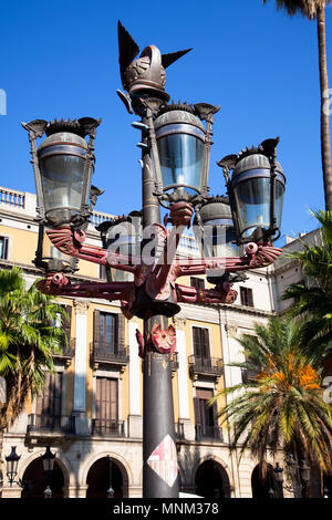Traditional Barcelona street light at Plaza Real, Barcelona, Spain Stock Photo
