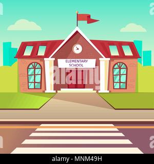 Elementary school flat vector buildung. Back to school cartoon background. Crosswalk before schoolhouse Stock Vector