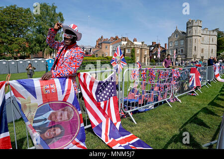 Royal fans in Windsor ahead of the wedding of Prince Harry and Meghan Markle on Saturday. Stock Photo