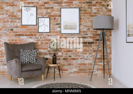 Close-up photo of gray furniture against red brick wall with simple, nature inspired posters Stock Photo
