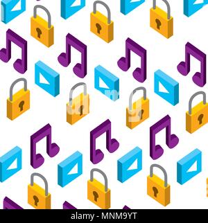 music note with padlock and play button pattern Stock Vector