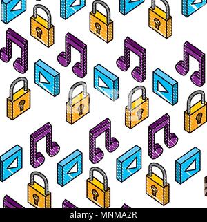 music note with padlock and play button pattern Stock Vector