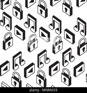 music note with padlock and play button pattern Stock Vector