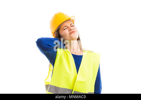 Young woman engineer or architect feeling neck pain cramp because of stress as injury medical problem concept isolated on white background Stock Photo