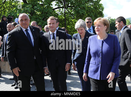 Sofia. 18th May, 2018. Bulgarian Prime Minister Boyko Borissov welcomes French President Emmanuel Macron, British Prime Minister Theresa May and German Chancellor Angela Merkel (from L to R) in Sofia, Bulgaria, May 17, 2018. The EU-Western Balkans summit was held in Sofia on Thursday. Credit: Xinhua/Alamy Live News Stock Photo