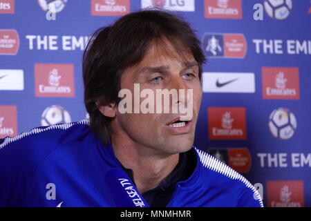 Cobham, Surrey UK . 18th May, 2018 Antonio Conte, Chelsea Football Club's Manager talks to the press about his team prospects in the FA CUP Final tomorrow} at Wembley Stadium against Manchester United. Credit: Motofoto/Alamy Live News Stock Photo