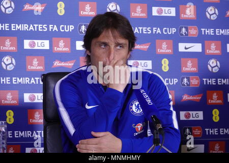 Cobham, Surrey UK . 18th May, 2018 Antonio Conte, Chelsea Football Club's Manager talks to the press about his team prospects in the FA CUP Final tomorrow} at Wembley Stadium against Manchester United. Credit: Motofoto/Alamy Live News Stock Photo