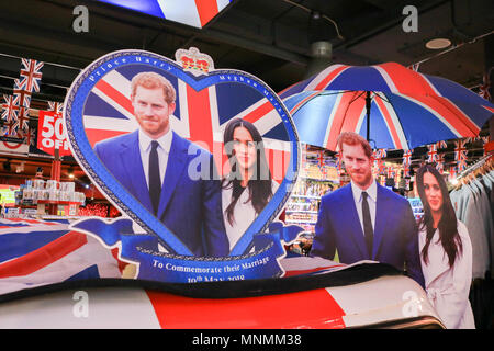 London UK. 18th May 2018. Souvenirs featuring Britain's Prince Harry and his fiance, US actress Meghan Markle are displayed in a Glorious Britain gift shop and provide a popular tourist attraction in Picaddily as the couple tie the knot on 19 May Credit: amer ghazzal/Alamy Live News Stock Photo