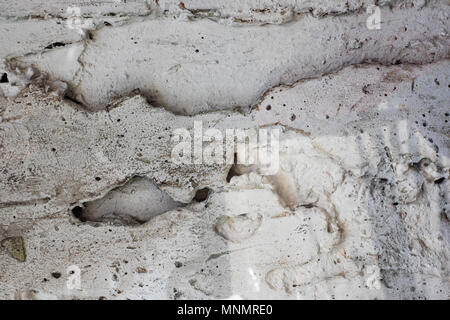 Abstract grunge texture is old stone wall with holes and potholes, painted in white, in cracks in the mud. Stock Photo