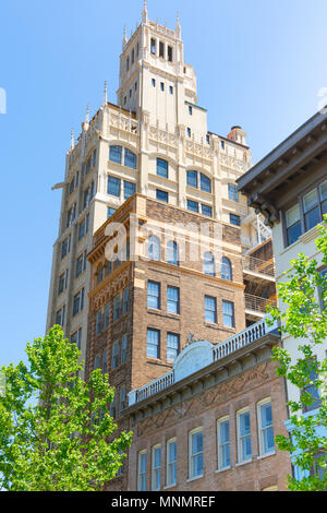 ASHEVILLE, NC, USA-13 MAY 18:The venerable neo-gothic Jackson building stands 140 ft. (15 stories) tall in Pack Square.