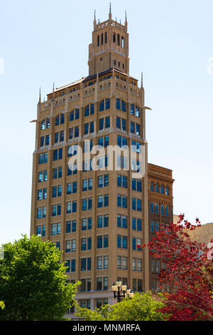 ASHEVILLE, NC, USA-13 MAY 18:The venerable neo-gothic Jackson building stands 140 ft. (15 stories) tall in Pack Square.