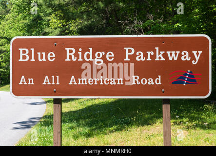 ASHEVILLE, NC, USA-13 MAY 18:Sign on the Blue Ridge Parkway, North Carolina, USA, reading 'Blue Ridge Parkway-An All American Road'.