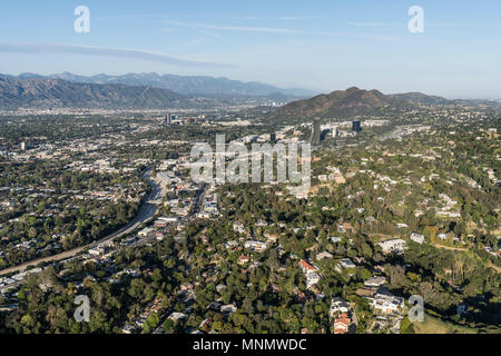 Los Angeles, California, USA - April 18, 2018:  Aerial view of the Sherman Oaks and Studio City neighborhoods in the San Fernando Valley. Stock Photo