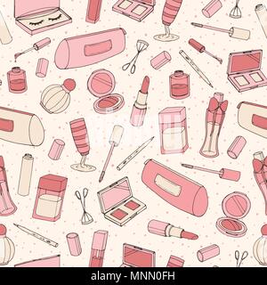 Hand drawn cosmetics pattern with parfume bottles, nail lacquer, lipstick, eye shadows and mascara on the  polka dot background. Vector makeup product Stock Vector