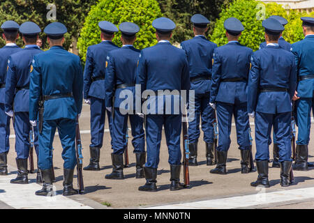 A formation line of Greek armed forces soldiers in military formation in uniform. Stock Photo