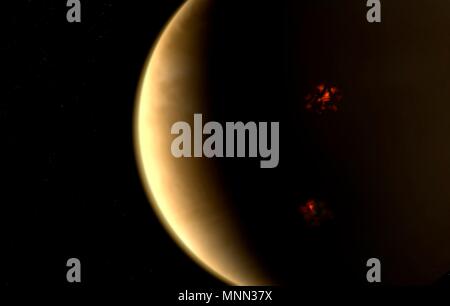 Illustration of storms in the atmosphere of the planet Venus, as viewed from space. Venus is the second planet from the Sun. It is a hostile world whose surface is permanently covered in clouds, hiding a crushing atmosphere 93 times denser than Earth's. Stock Photo