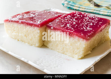 Turkish Muhallebi Semolina Dessert Pudding with Jelly Raspberry and Coconut Powder / Trilece. Traditional Dessert. Stock Photo
