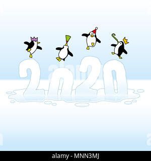 Four Happy Party Penguins wearing colorful Paper Hats Dancing on top of melting Year 2020 made of Ice Sinking into a Puddle Stock Photo