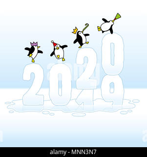 Four Happy Party Penguins wearing colorful Paper Hats Dancing on top of Changing Frozen Year 2019 to 2020 slowly melting into an icy puddle Stock Photo