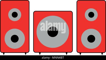 Set of red speakers with woofer on white background. stereo sound icon, symbol. Vector drawing. Stock Vector