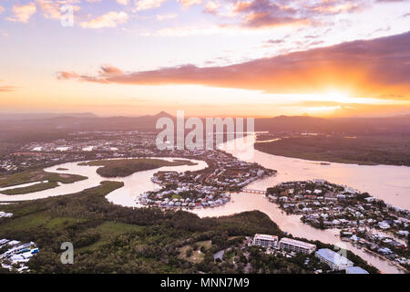 Sunset over the Noosa River and Mt Coolum, Noosa Heads, Sunshine Coast, Queensland, Australia Stock Photo