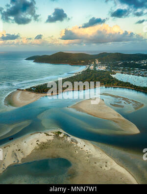 Aerial photo of sunset over Noosa Spit, Noosa Heads, Sunshine Coast, Queensland, Australia Stock Photo