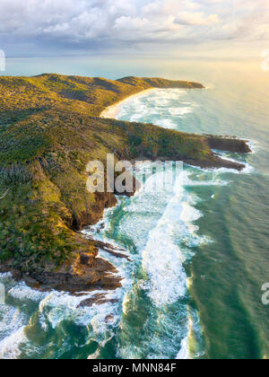 Aerial photo of sunrise over Noosa National Park, Noosa Heads, Sunshine Coast, Queensland, Australia Stock Photo