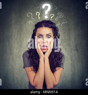 Shocked scared young woman looking at camera has many questions Stock Photo