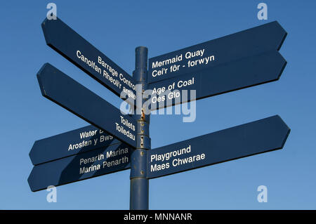 Close up of a tourist information sign on the Cardiff Bay barrage pointing the direction to local attractions Stock Photo