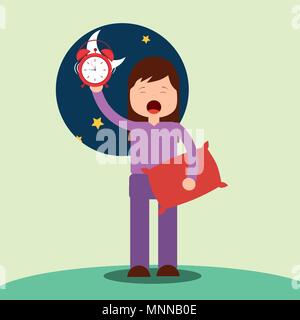 girl waking up holding pillow and clock Stock Vector