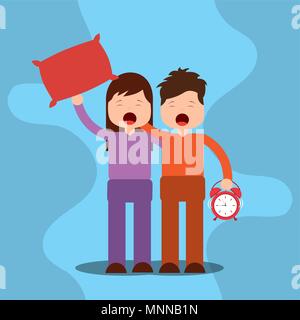 young boy and girl waking up holding pillow and clock Stock Vector