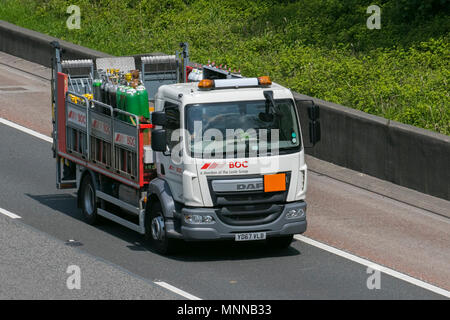 BOC Gas Bottles Heavy goods & Linde Group DAF lorry;  Commercial traffic on the M6 southbound, UK Stock Photo