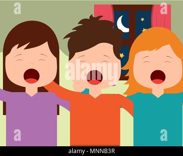 cute boy and girls waking up hugging in bedroom Stock Vector