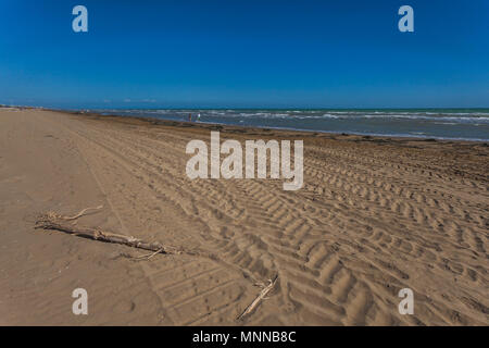 Tractor prints and tourists on a sandy beach, Bibione, Veneto, Italy Stock Photo
