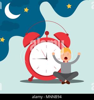 young boy sitting with alarm clock wake up concept Stock Vector