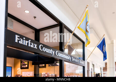 Tysons, USA - January 26, 2018: Fairfax County Community Service office sign entrance in Tyson's Corner Mall in Virginia by Mclean Stock Photo