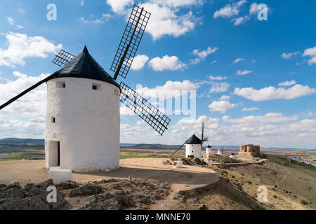 Madrid travel destination. Landscape of windmills of Don Quixote. Historical building in Cosuegra area near Madrid, Spain. Stock Photo