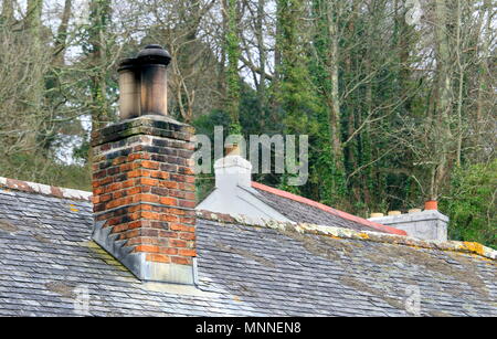 Old red brick chimney stack on a slate roofed building, with another old roof behind it and trees in the background. Stock Photo