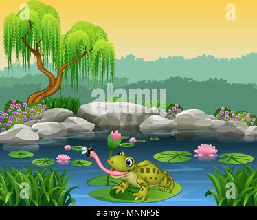 Cartoon frog catching fly on the lily water Stock Vector