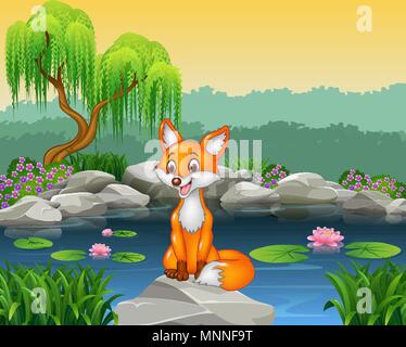 Cute fox sitting on the rock Stock Vector