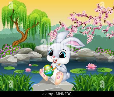 Carton happy Easter Bunny painting an egg on the rock Stock Vector