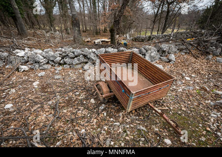 Small old rusty trailer standing near a stone wall in the forest (Island Cres, Croatia) Stock Photo