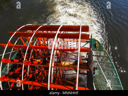 Red riverboat paddle wheel on Chena River in Fairbanks Alaska Stock Photo