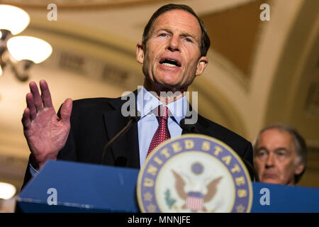 Senator Richard Blumenthal (D-CT) calls for an investigation into President Trump after the leak of classified information by Trump to Russian officials last week during a press conference on Capitol Hill on May 16th, 2017. Stock Photo