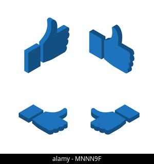 Thumbs up like icons. Symbol hand with thumb up. isometry. Different view, position. white background Stock Vector